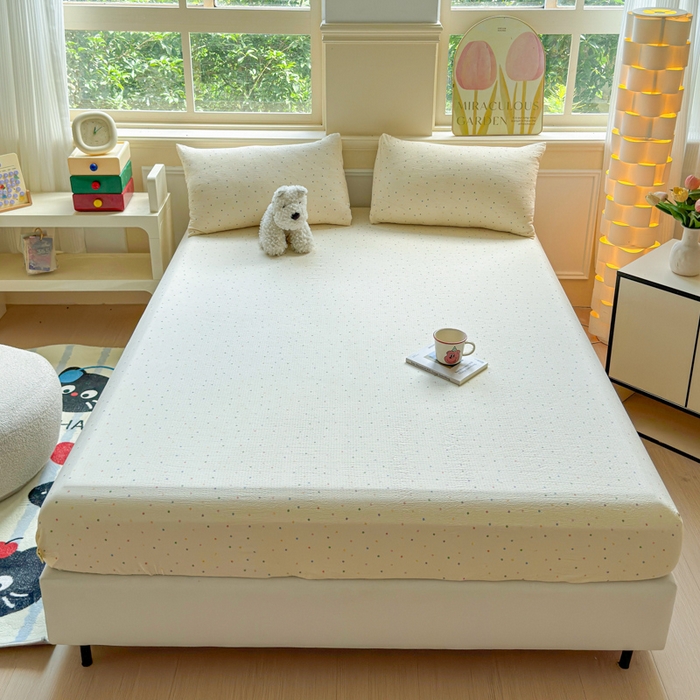 91家纺网 家纺一手货源 找家纺 佑佳家纺2025新款A类高克重水洗棉床笠 彩色波点