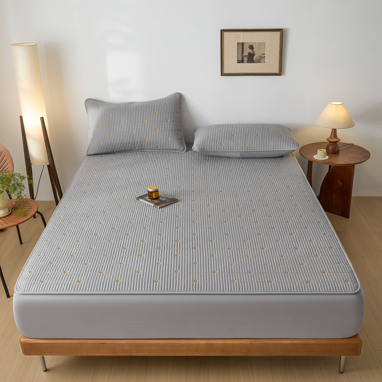 91家纺网 家纺一手货源 找家纺 芬晴家纺 2025新款A类大豆夹棉爱心防水床笠单床笠床笠单件 繁星-星灰