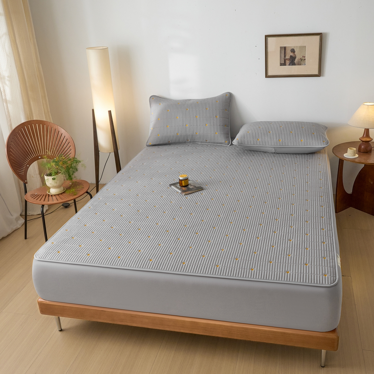 91家纺网 家纺一手货源 找家纺 芬晴家纺 2025新款A类大豆夹棉爱心防水床笠单床笠床笠单件 繁星-星灰