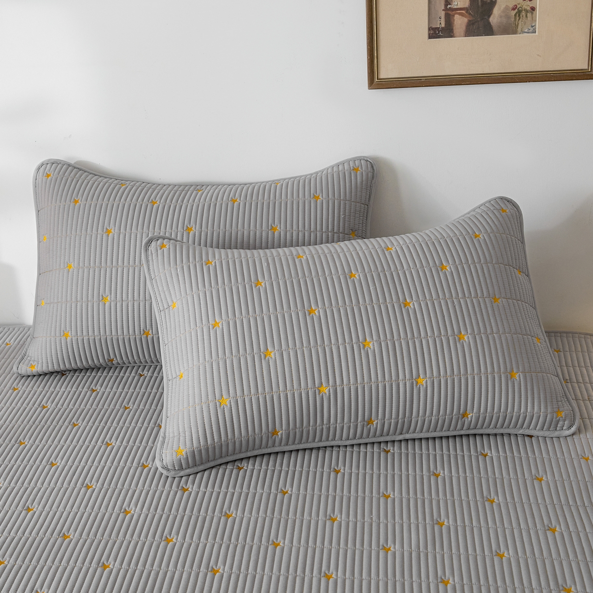 91家纺网 家纺一手货源 找家纺 芬晴家纺 2025新款A类大豆夹棉爱心防水床笠单床笠床笠单件 繁星-星灰