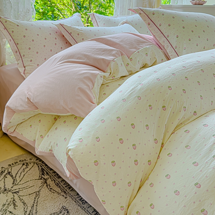 91家纺网 家纺一手货源 找家纺 可思家纺 2025新款云柔棉四件套 草莓方糖