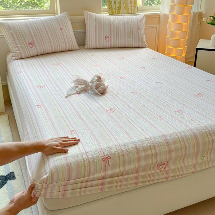 91家纺网 家纺一手货源 找家纺 佑佳家纺2025新款A类高克重水洗棉床笠 彩色条纹