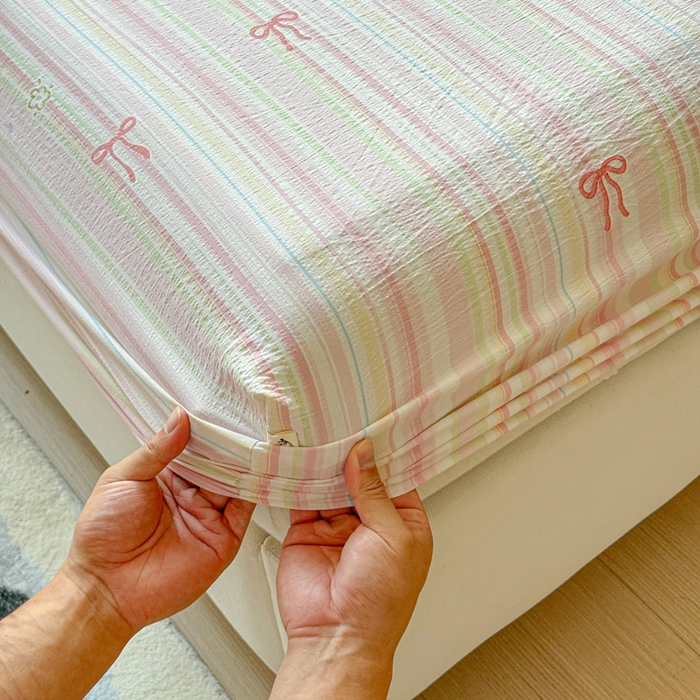 91家纺网 家纺一手货源 找家纺 佑佳家纺2025新款A类高克重水洗棉床笠 彩色条纹