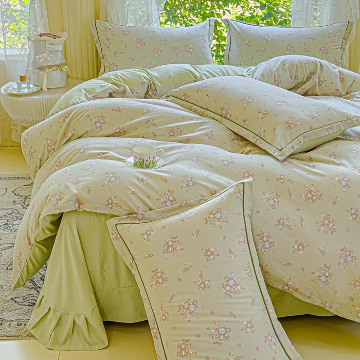 91家纺网 家纺一手货源 找家纺 可思家纺 2025新款云柔棉四件套 汀花里-浅绿