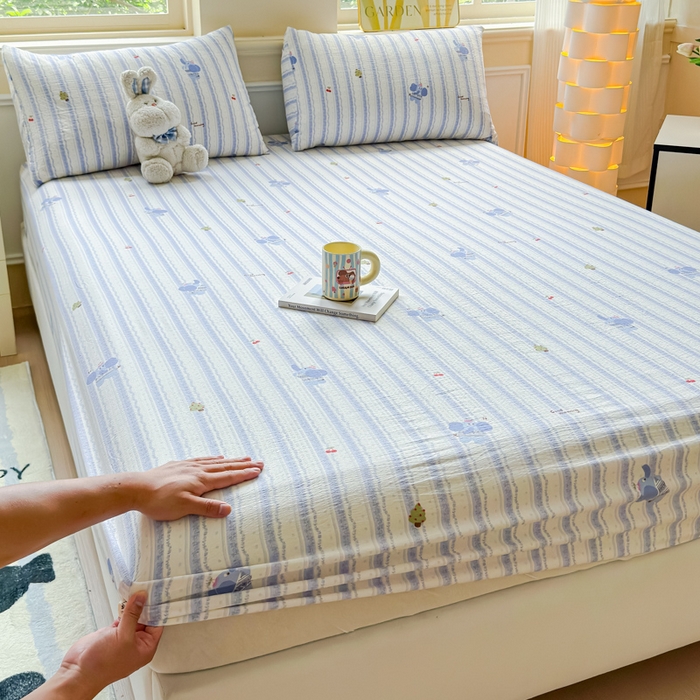 91家纺网 家纺一手货源 找家纺 佑佳家纺2025新款A类高克重水洗棉床笠 蓝胖子