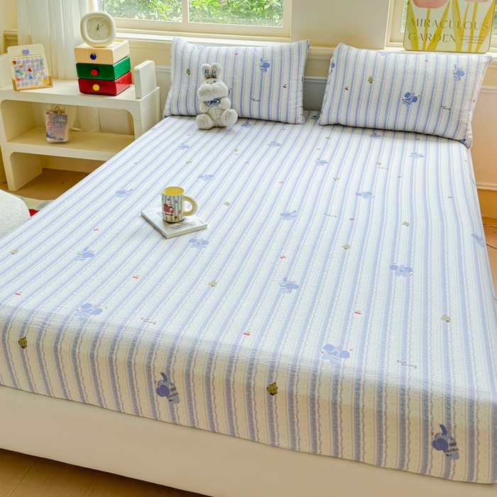 91家纺网 家纺一手货源 找家纺 佑佳家纺2025新款A类高克重水洗棉床笠 蓝胖子