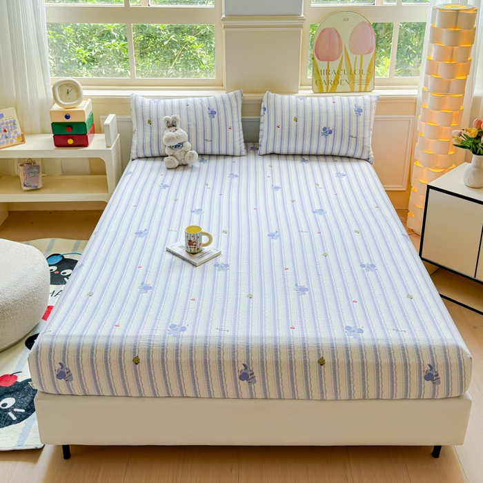 91家纺网 家纺一手货源 找家纺 佑佳家纺2025新款A类高克重水洗棉床笠 蓝胖子