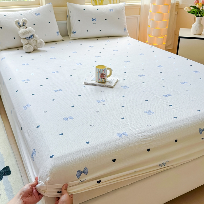 佑佳家纺2025新款A类高克重水洗棉床笠 蓝色蝴蝶结