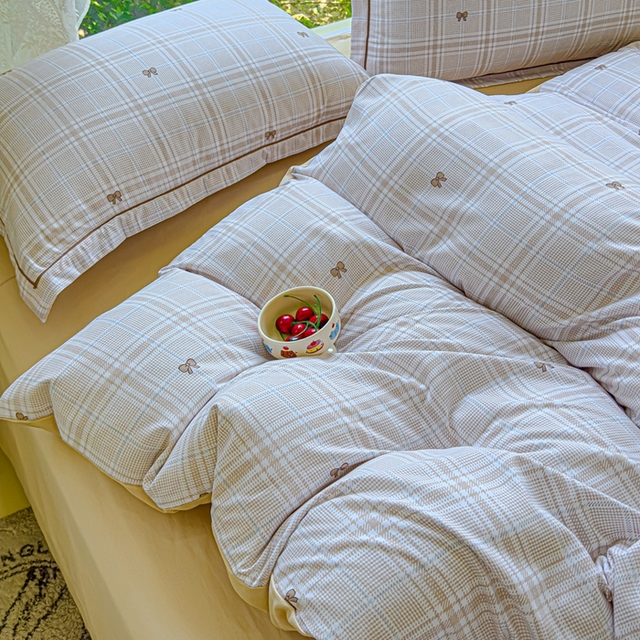 91家纺网 家纺一手货源 找家纺 可思家纺 2025新款云柔棉四件套 英伦风-咖