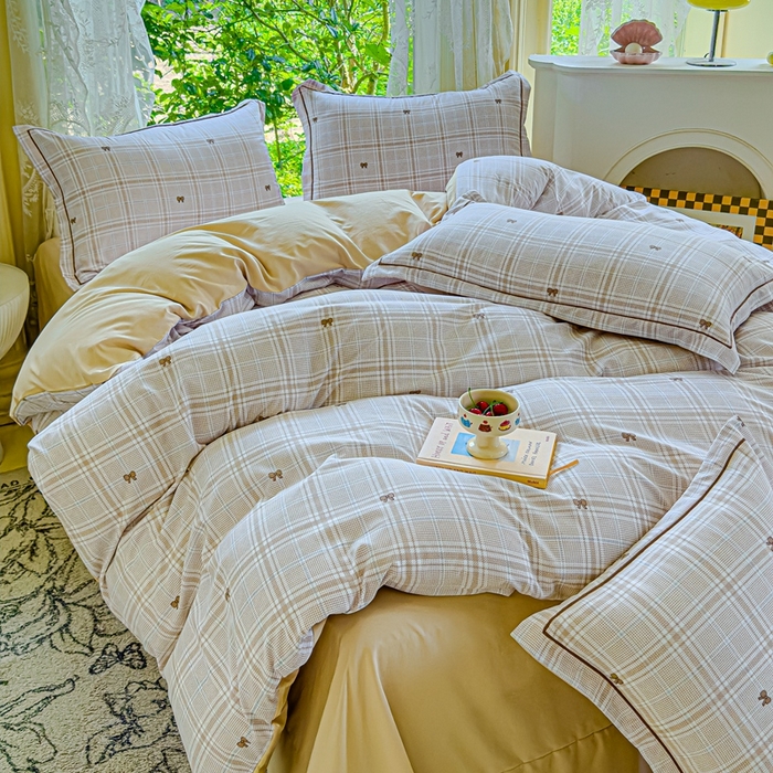 91家纺网 家纺一手货源 找家纺 可思家纺 2025新款云柔棉四件套 英伦风-咖