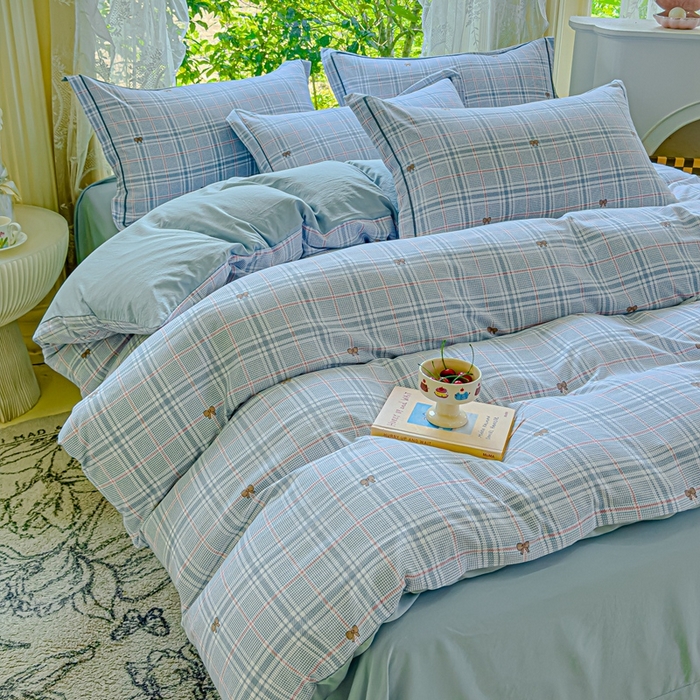 91家纺网 家纺一手货源 找家纺 可思家纺 2025新款云柔棉四件套 英伦风-蓝