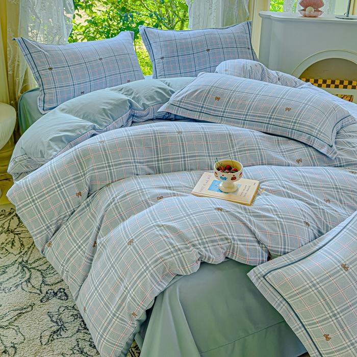 91家纺网 家纺一手货源 找家纺 可思家纺 2025新款云柔棉四件套 英伦风-蓝