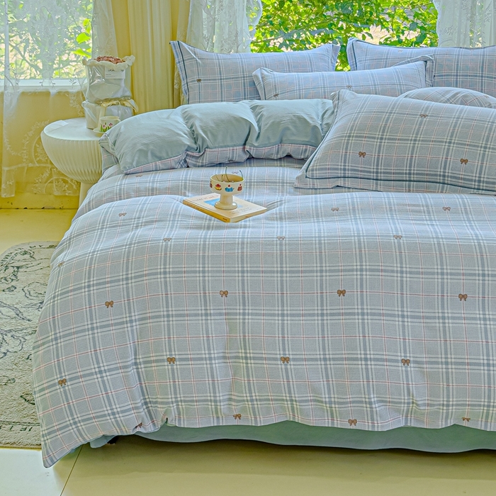 91家纺网 家纺一手货源 找家纺 可思家纺 2025新款云柔棉四件套 英伦风-蓝