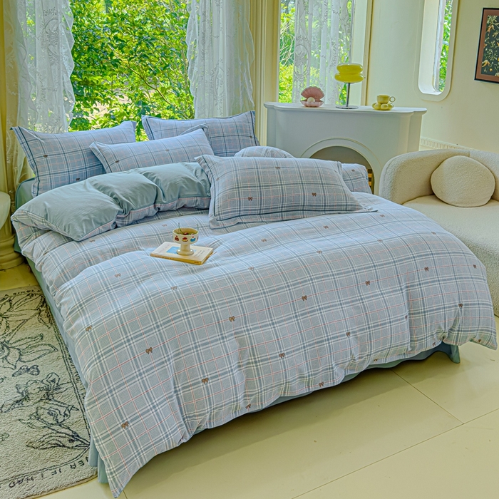 91家纺网 家纺一手货源 找家纺 可思家纺 2025新款云柔棉四件套 英伦风-蓝