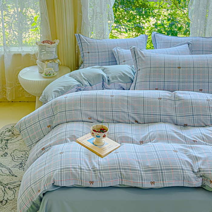 91家纺网 家纺一手货源 找家纺 可思家纺 2025新款云柔棉四件套 英伦风-蓝