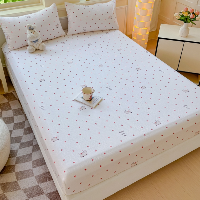 91家纺网 家纺一手货源 找家纺 佑佳家纺2025新款A类高克重水洗棉床笠 樱桃狗