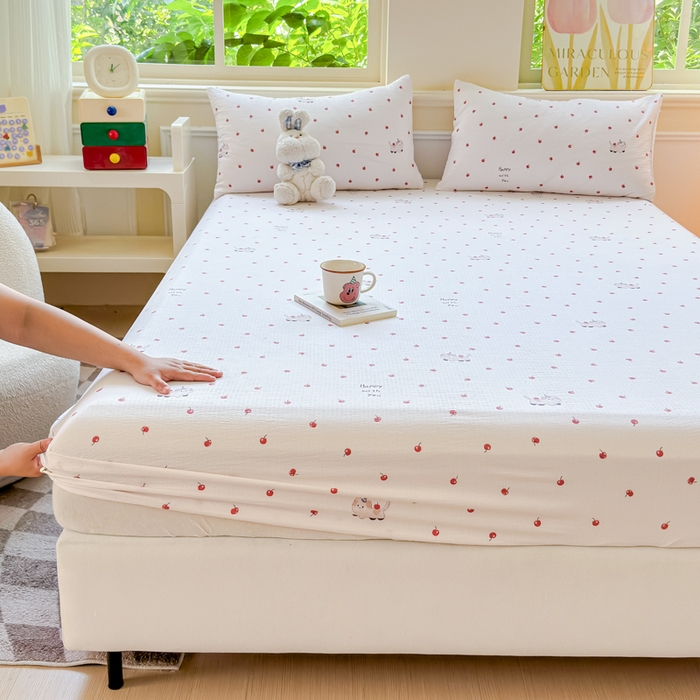 91家纺网 家纺一手货源 找家纺 佑佳家纺2025新款A类高克重水洗棉床笠 樱桃狗