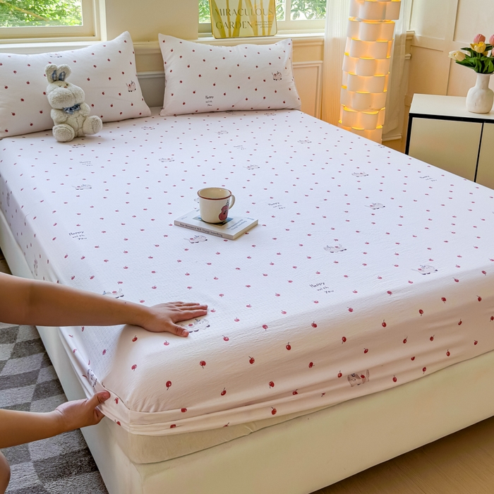 佑佳家纺2025新款A类高克重水洗棉床笠 樱桃狗