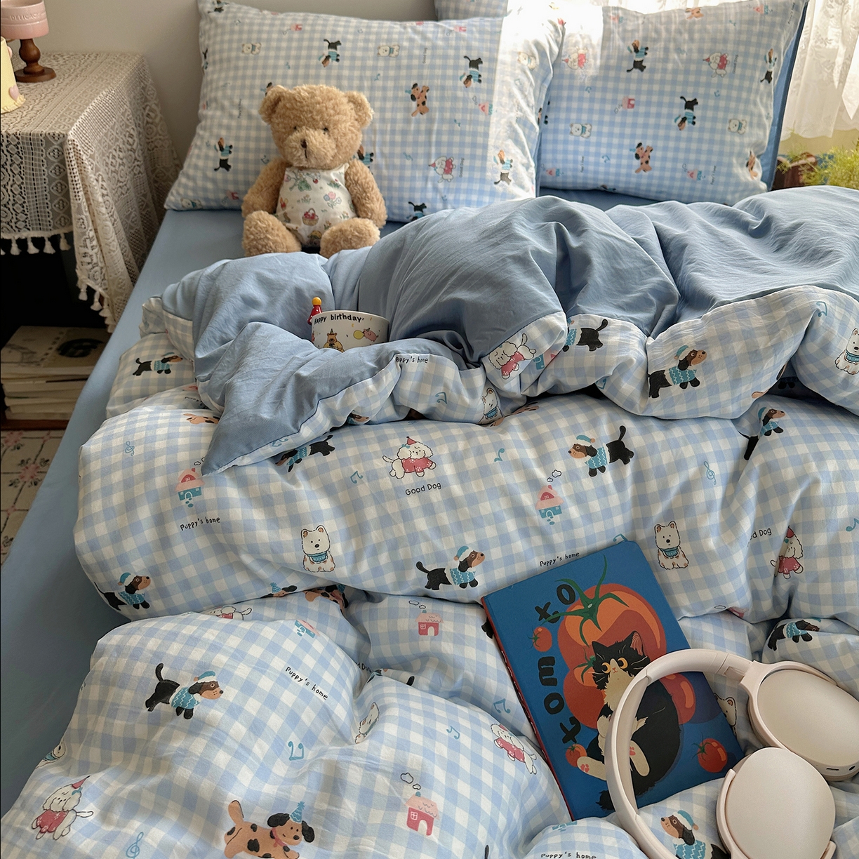 91家纺网 家纺一手货源 找家纺 沐芷 2025 开学季水洗棉四件套A类 卡通简约风超柔舒适三件套 汪星蓝町