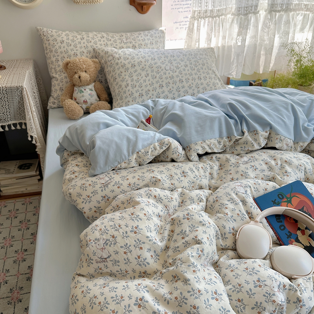 91家纺网 家纺一手货源 找家纺 沐芷 2025 开学季水洗棉四件套A类 卡通简约风超柔舒适三件套 安妮的兔