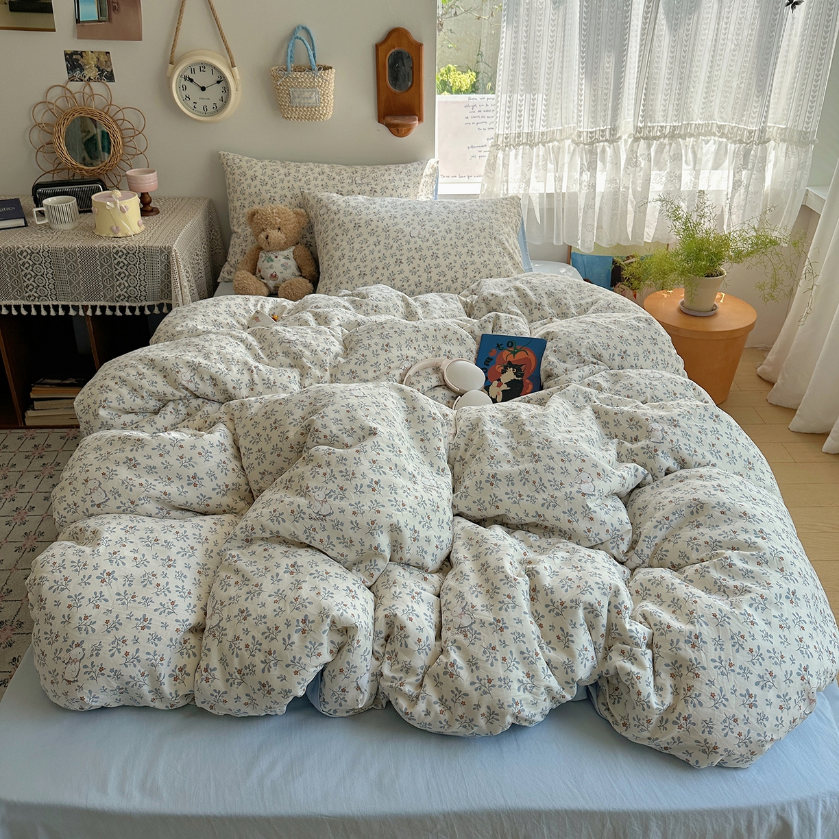 91家纺网 家纺一手货源 找家纺 沐芷 2025 开学季水洗棉四件套A类 卡通简约风超柔舒适三件套 安妮的兔