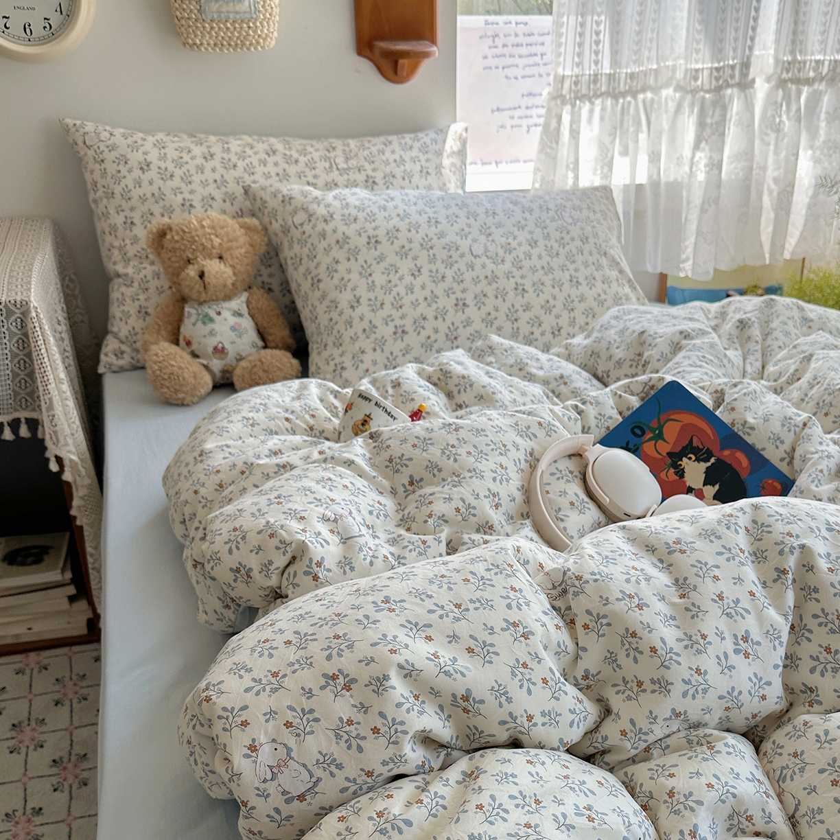 91家纺网 家纺一手货源 找家纺 沐芷 2025 开学季水洗棉四件套A类 卡通简约风超柔舒适三件套 安妮的兔