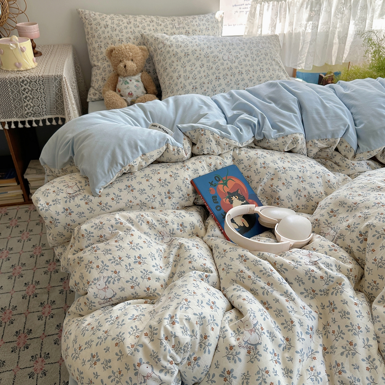 91家纺网 家纺一手货源 找家纺 沐芷 2025 开学季水洗棉四件套A类 卡通简约风超柔舒适三件套 安妮的兔