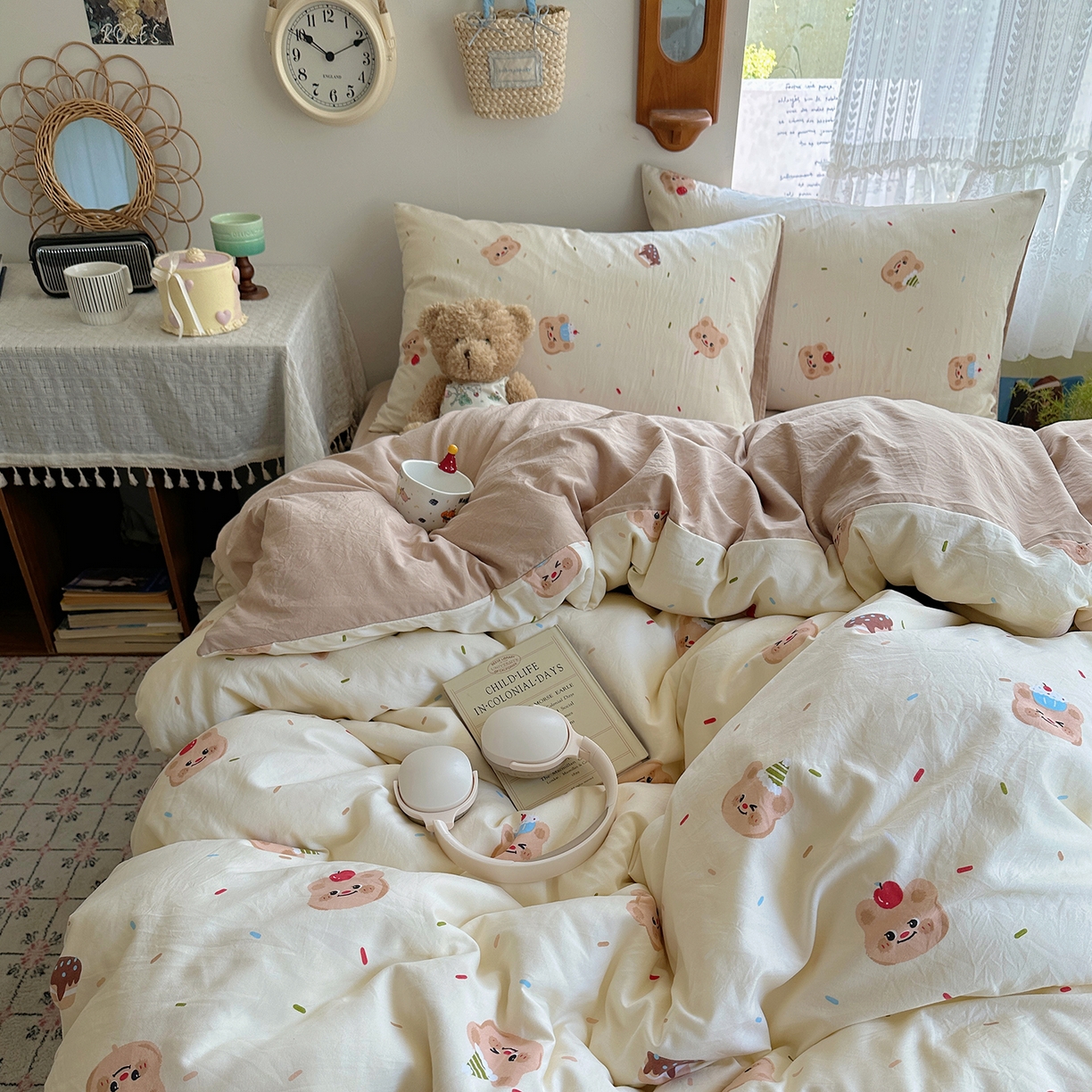 91家纺网 家纺一手货源 找家纺 沐芷 2025 开学季水洗棉四件套A类 卡通简约风超柔舒适三件套 蛋糕熊熊