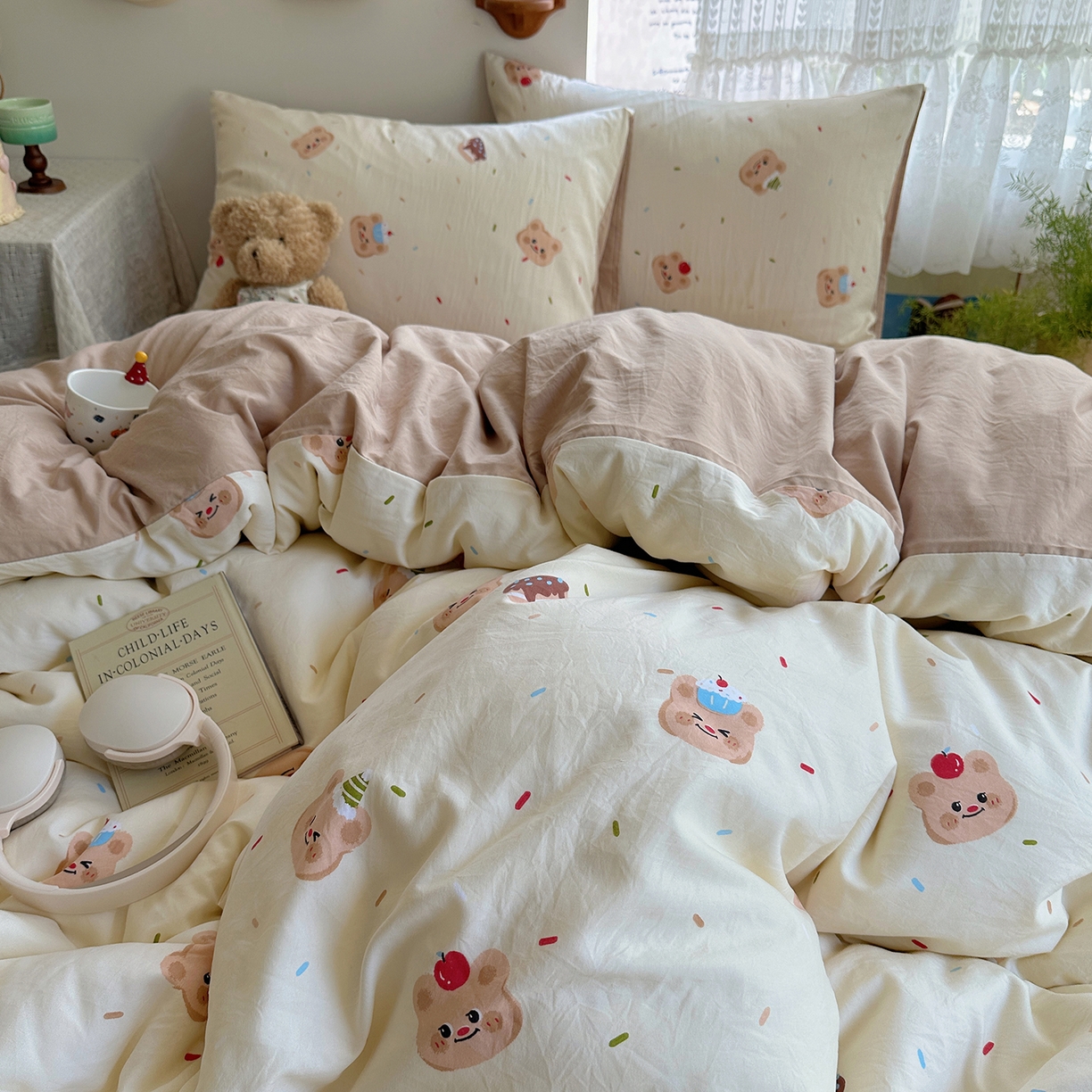 91家纺网 家纺一手货源 找家纺 沐芷 2025 开学季水洗棉四件套A类 卡通简约风超柔舒适三件套 蛋糕熊熊