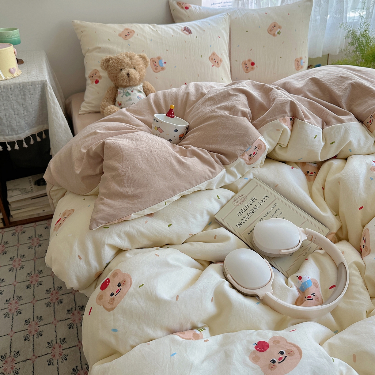 91家纺网 家纺一手货源 找家纺 沐芷 2025 开学季水洗棉四件套A类 卡通简约风超柔舒适三件套 蛋糕熊熊