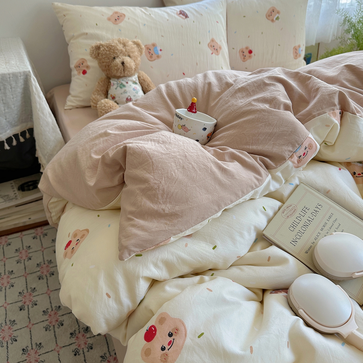 91家纺网 家纺一手货源 找家纺 沐芷 2025 开学季水洗棉四件套A类 卡通简约风超柔舒适三件套 蛋糕熊熊