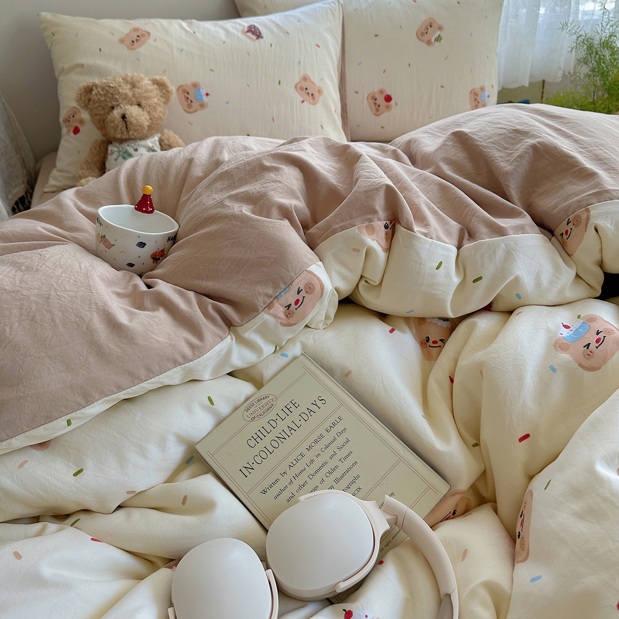 91家纺网 家纺一手货源 找家纺 沐芷 2025 开学季水洗棉四件套A类 卡通简约风超柔舒适三件套 蛋糕熊熊