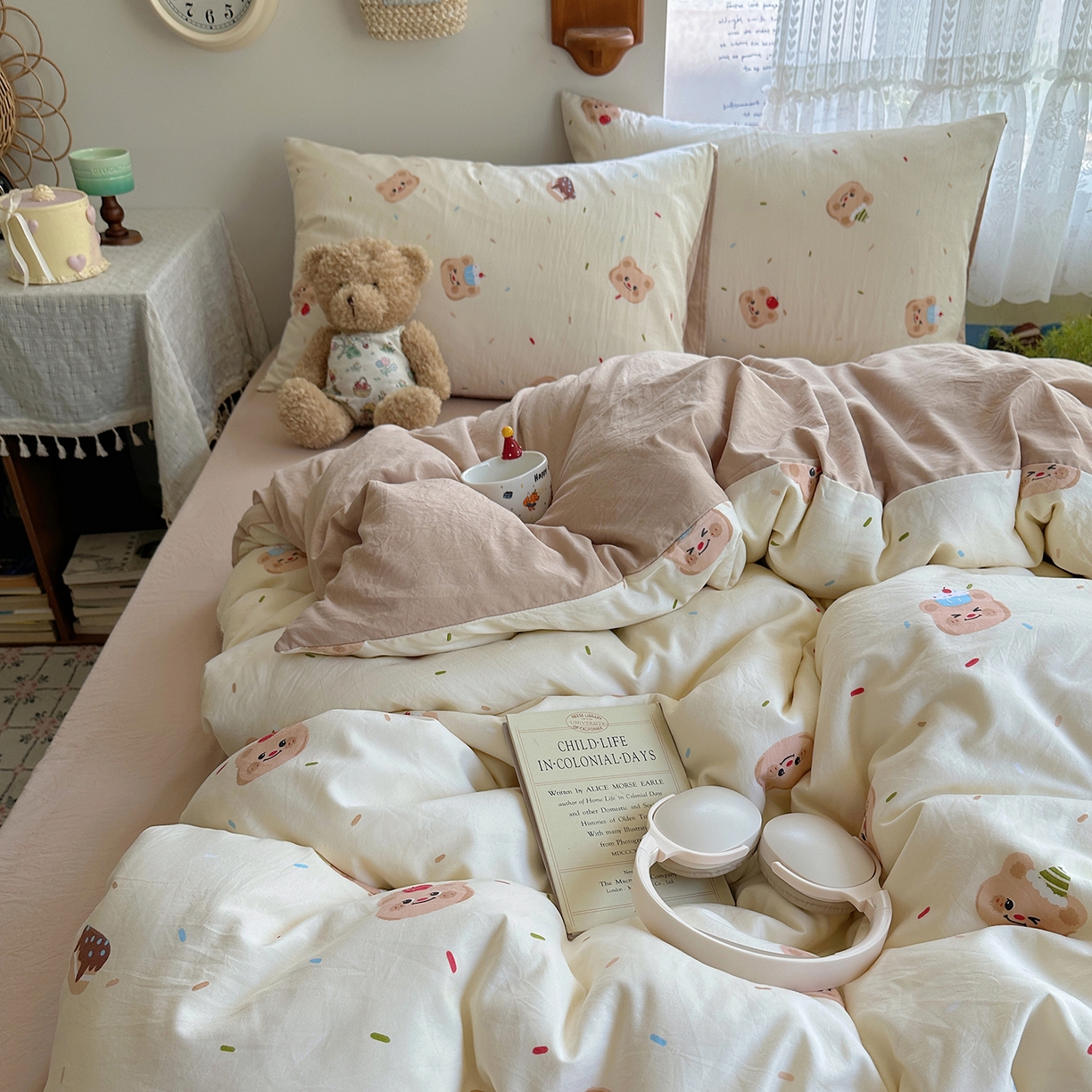 91家纺网 家纺一手货源 找家纺 沐芷 2025 开学季水洗棉四件套A类 卡通简约风超柔舒适三件套 蛋糕熊熊