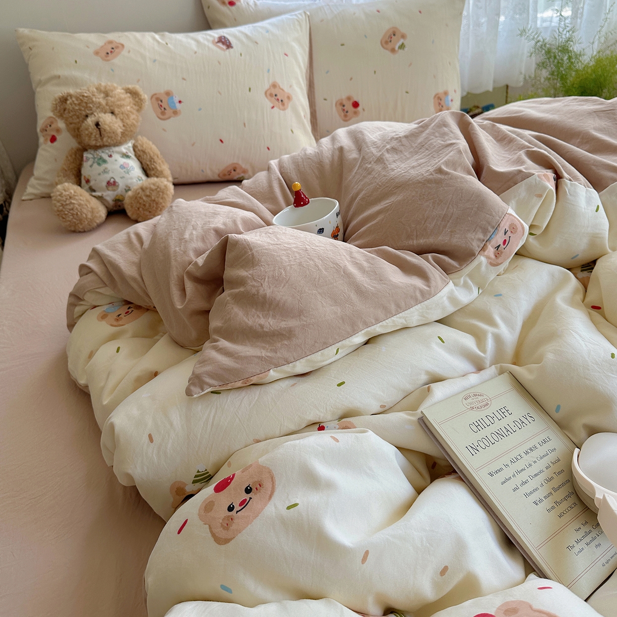 91家纺网 家纺一手货源 找家纺 沐芷 2025 开学季水洗棉四件套A类 卡通简约风超柔舒适三件套 蛋糕熊熊