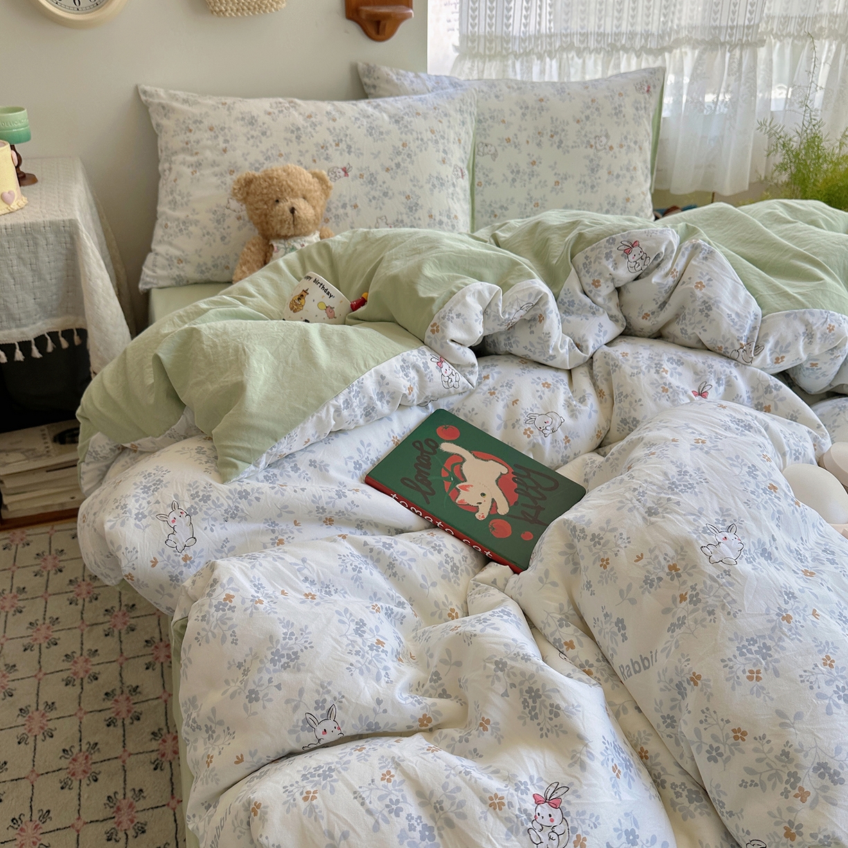 91家纺网 家纺一手货源 找家纺 沐芷 2025 开学季水洗棉四件套A类 卡通简约风超柔舒适三件套 繁花兔兔