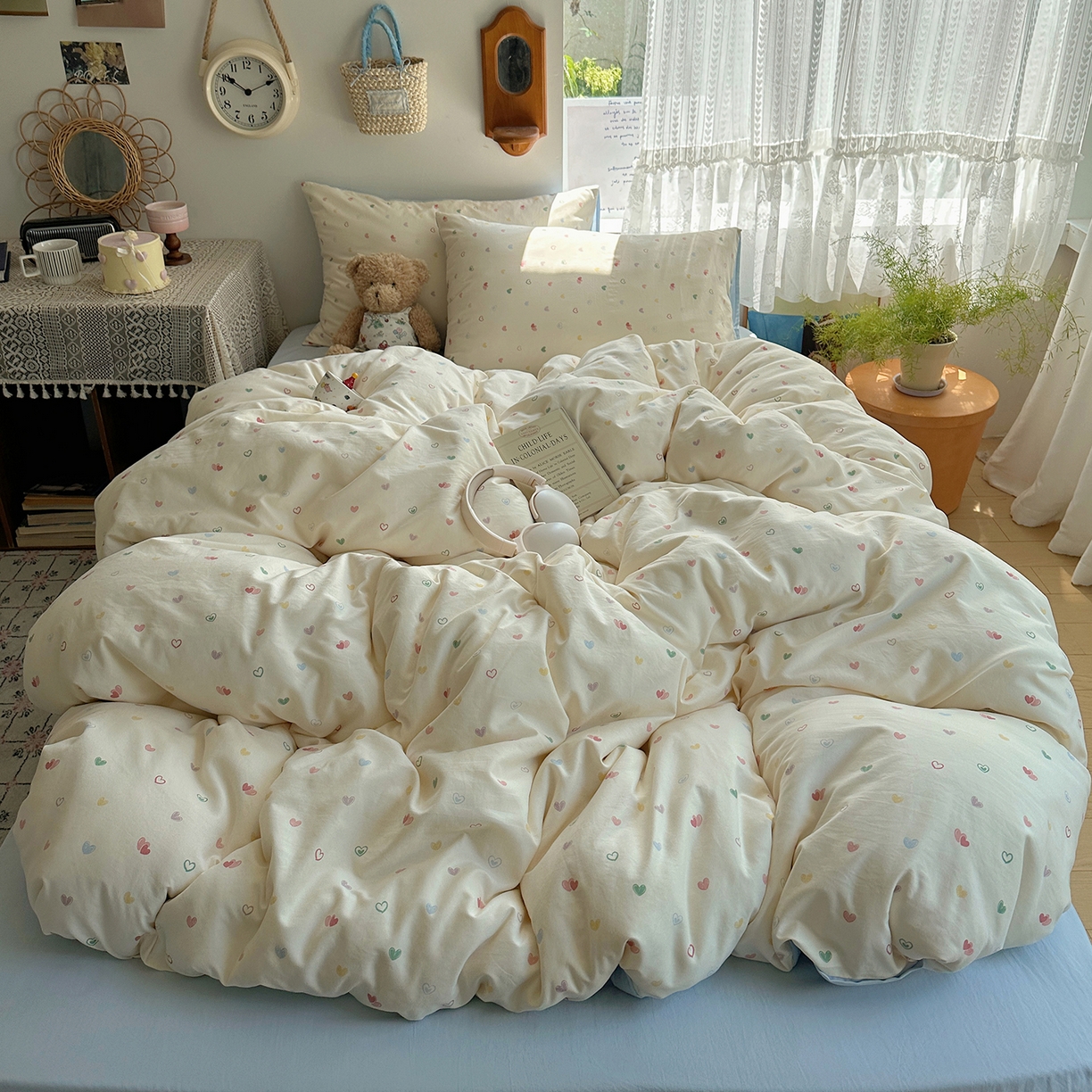 91家纺网 家纺一手货源 找家纺 沐芷 2025 开学季水洗棉四件套A类 卡通简约风超柔舒适三件套 爱情手礼