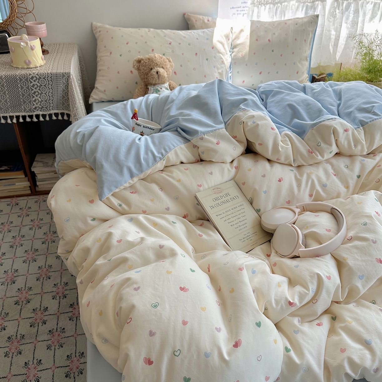 91家纺网 家纺一手货源 找家纺 沐芷 2025 开学季水洗棉四件套A类 卡通简约风超柔舒适三件套 爱情手礼