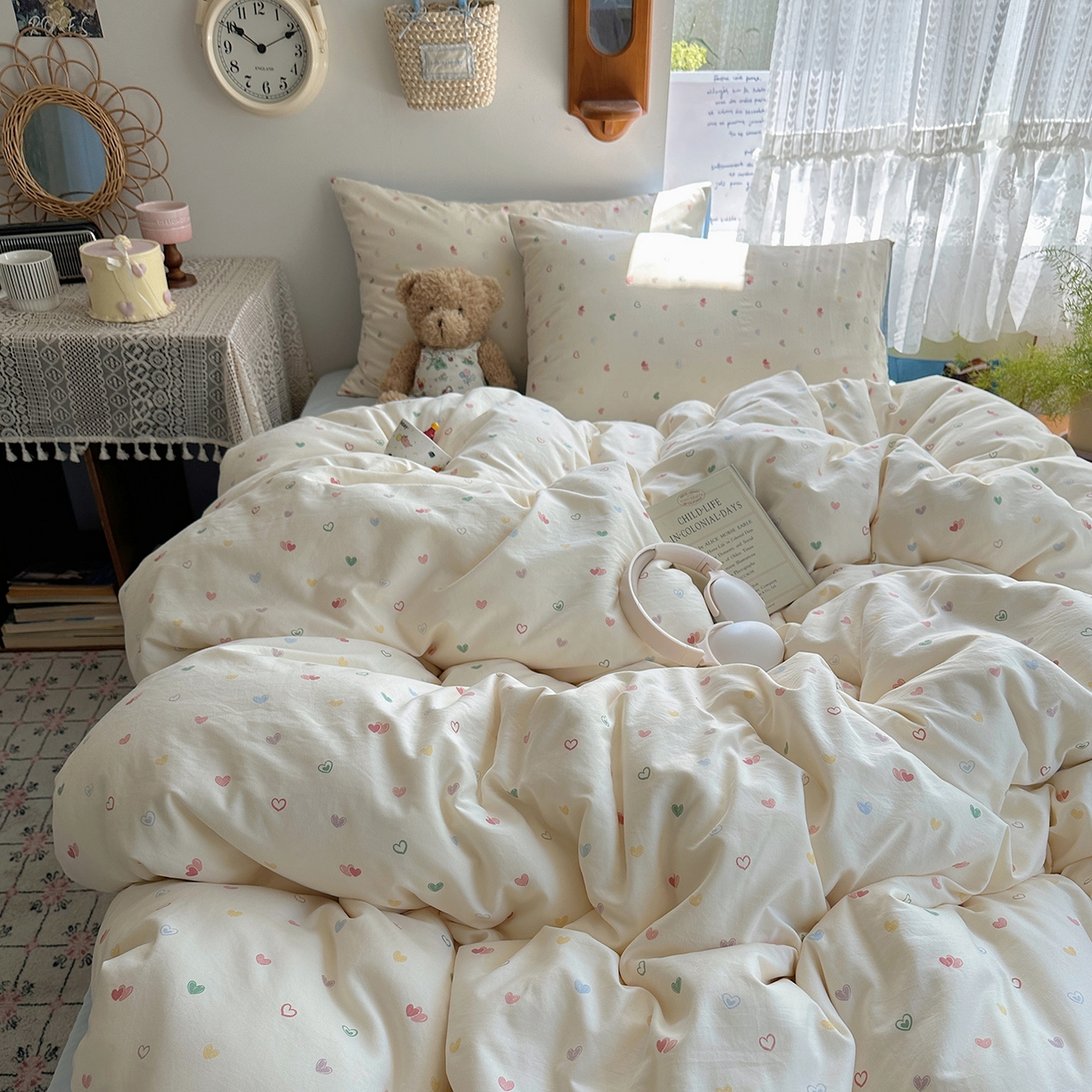 91家纺网 家纺一手货源 找家纺 沐芷 2025 开学季水洗棉四件套A类 卡通简约风超柔舒适三件套 爱情手礼