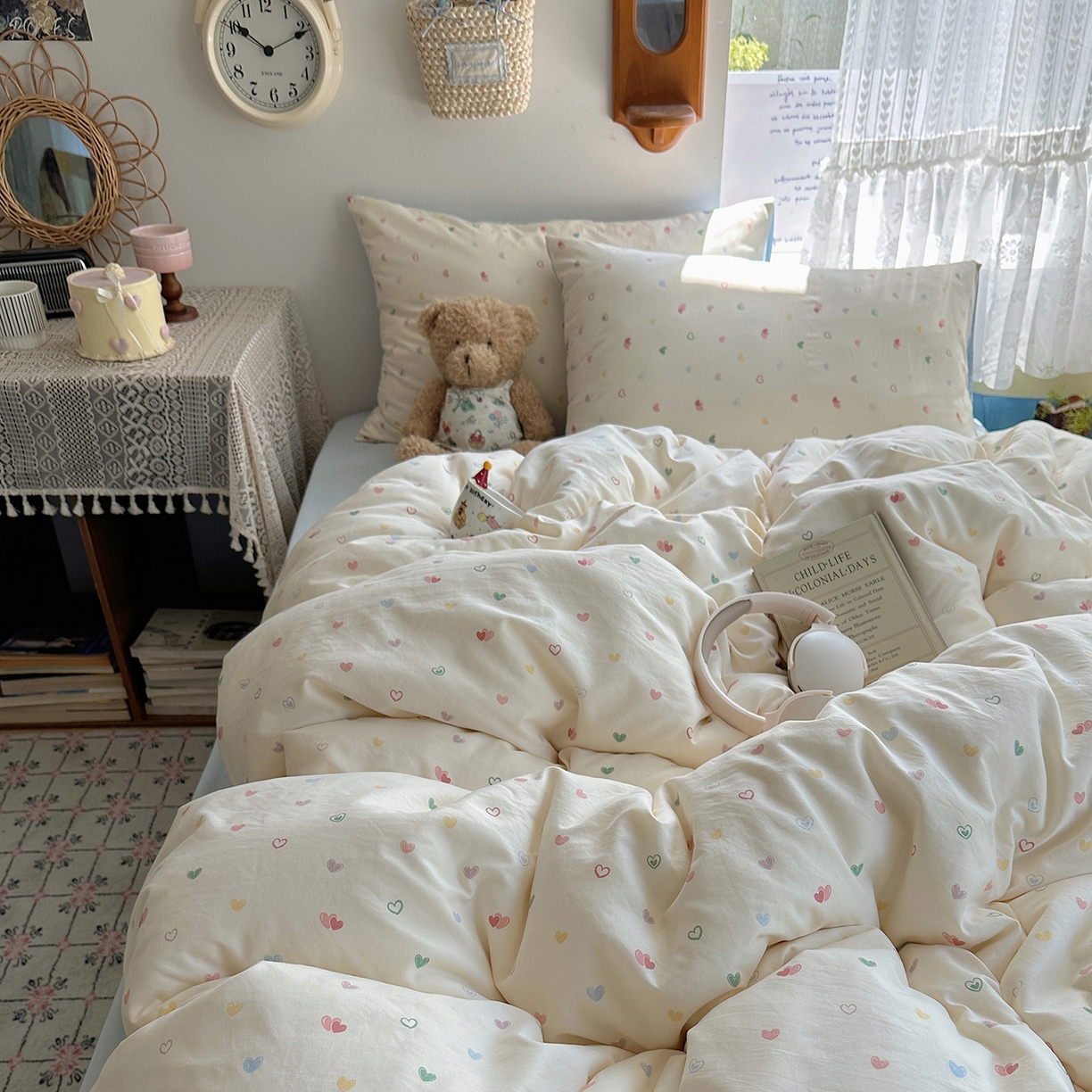 91家纺网 家纺一手货源 找家纺 沐芷 2025 开学季水洗棉四件套A类 卡通简约风超柔舒适三件套 爱情手礼