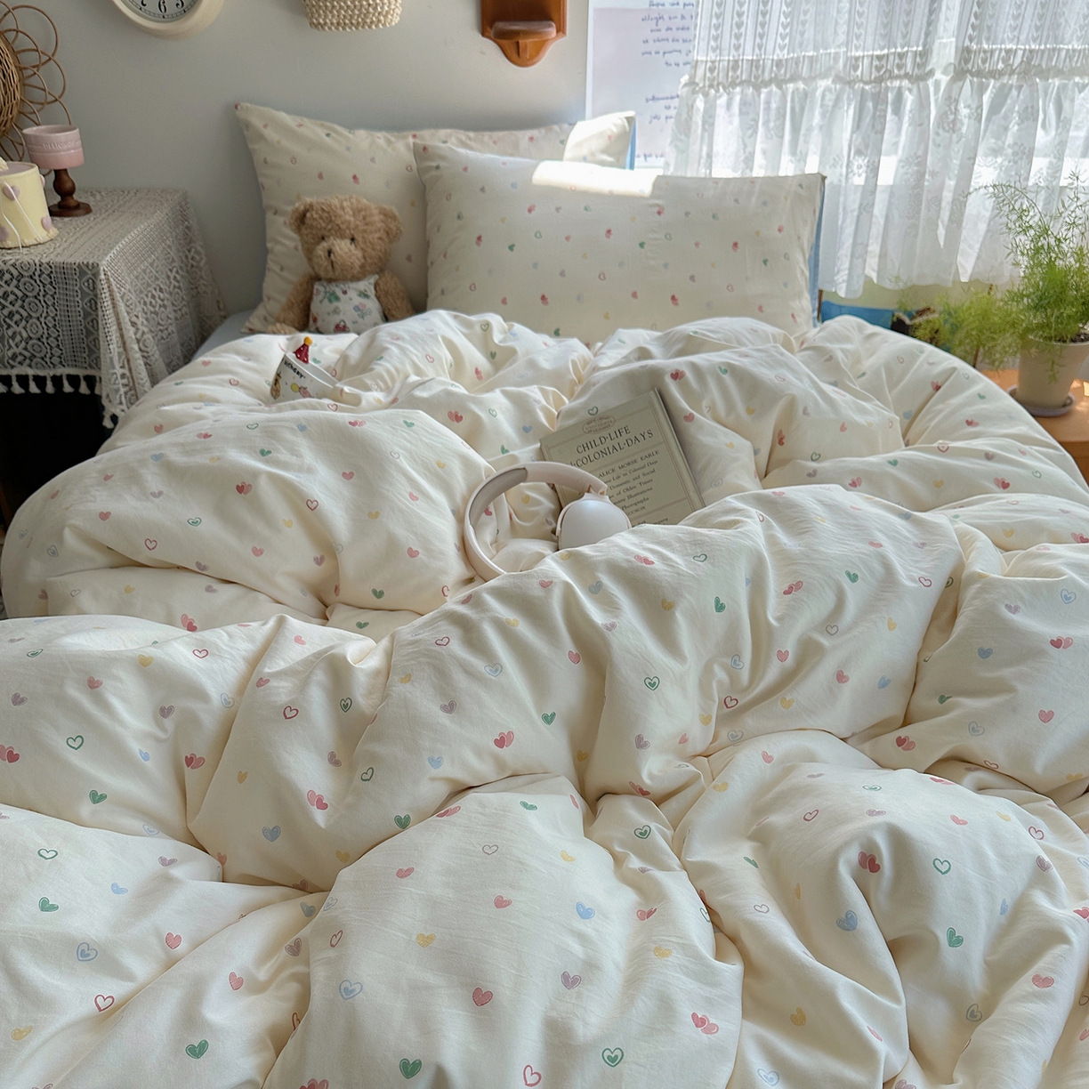 91家纺网 家纺一手货源 找家纺 沐芷 2025 开学季水洗棉四件套A类 卡通简约风超柔舒适三件套 爱情手礼