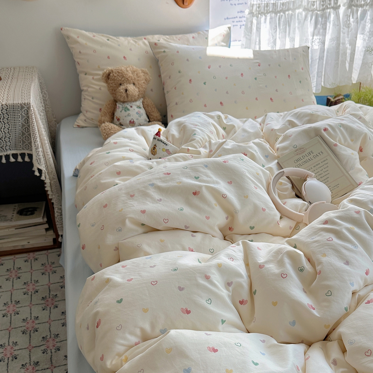 91家纺网 家纺一手货源 找家纺 沐芷 2025 开学季水洗棉四件套A类 卡通简约风超柔舒适三件套 爱情手礼