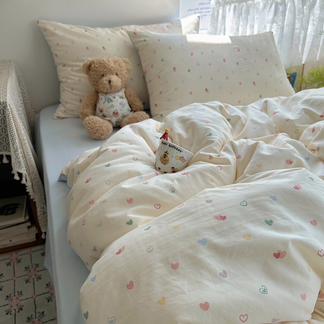 91家纺网 家纺一手货源 找家纺 沐芷 2025 开学季水洗棉四件套A类 卡通简约风超柔舒适三件套 爱情手礼