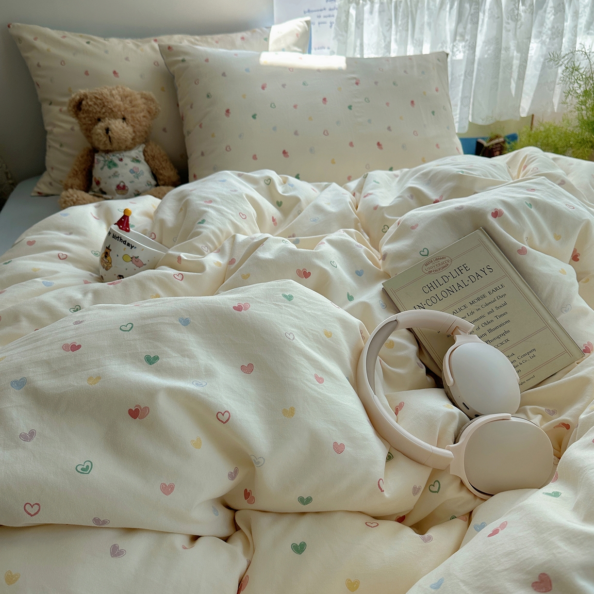 91家纺网 家纺一手货源 找家纺 沐芷 2025 开学季水洗棉四件套A类 卡通简约风超柔舒适三件套 爱情手礼