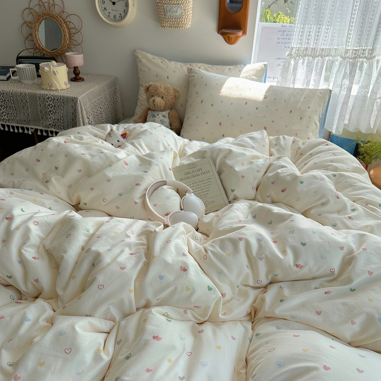 91家纺网 家纺一手货源 找家纺 沐芷 2025 开学季水洗棉四件套A类 卡通简约风超柔舒适三件套 爱情手礼