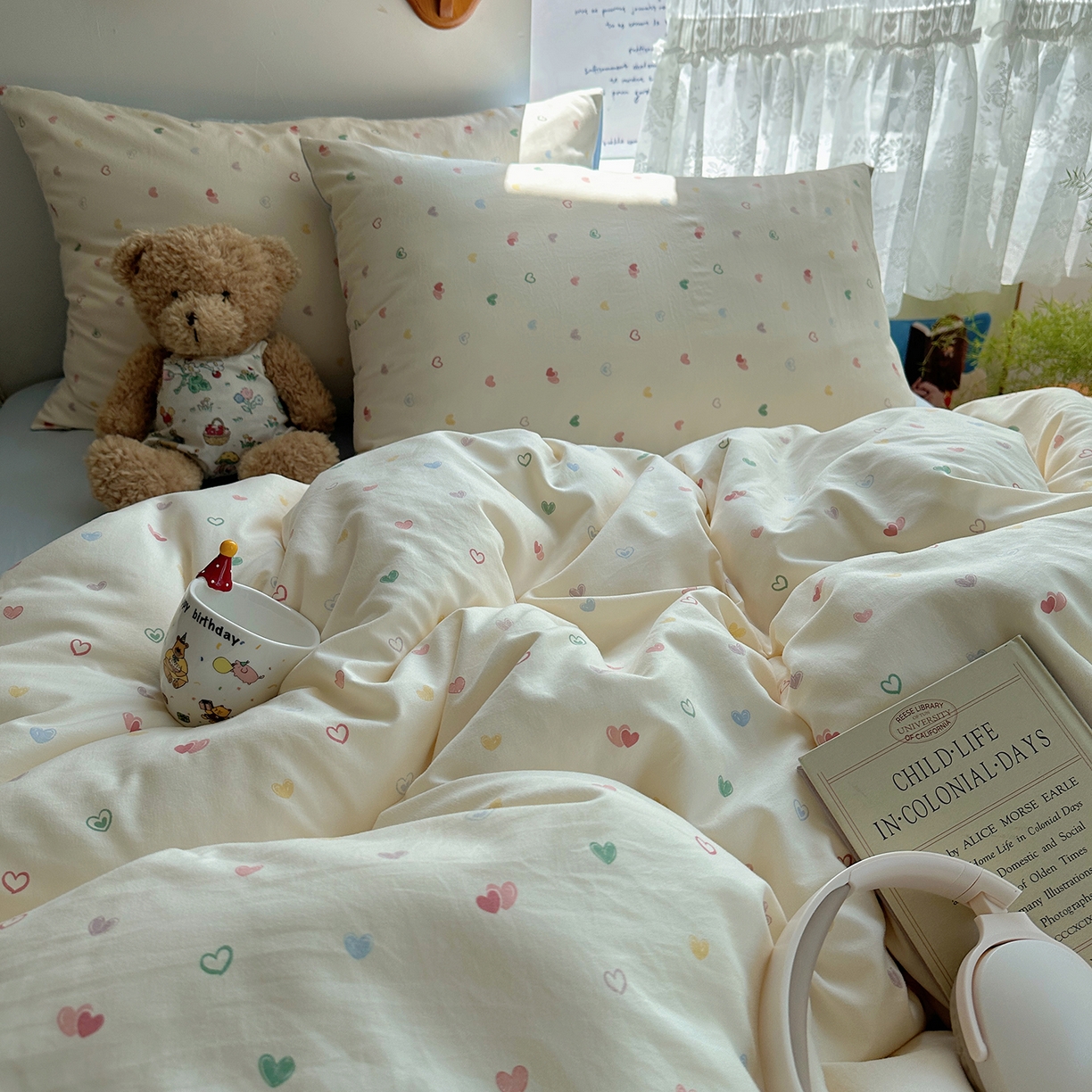 91家纺网 家纺一手货源 找家纺 沐芷 2025 开学季水洗棉四件套A类 卡通简约风超柔舒适三件套 爱情手礼