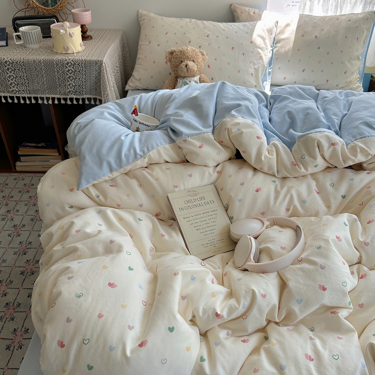 91家纺网 家纺一手货源 找家纺 沐芷 2025 开学季水洗棉四件套A类 卡通简约风超柔舒适三件套 爱情手礼