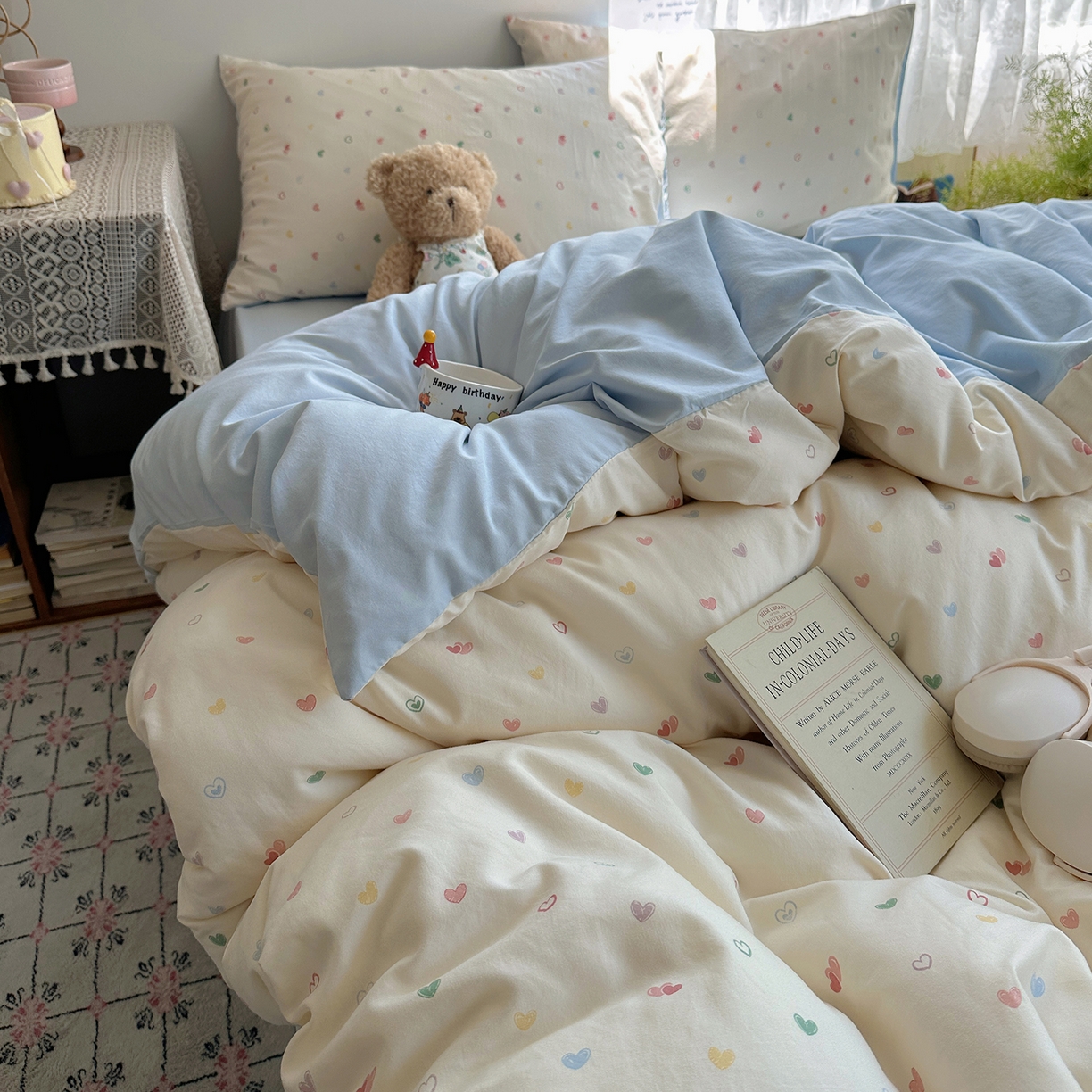 91家纺网 家纺一手货源 找家纺 沐芷 2025 开学季水洗棉四件套A类 卡通简约风超柔舒适三件套 爱情手礼