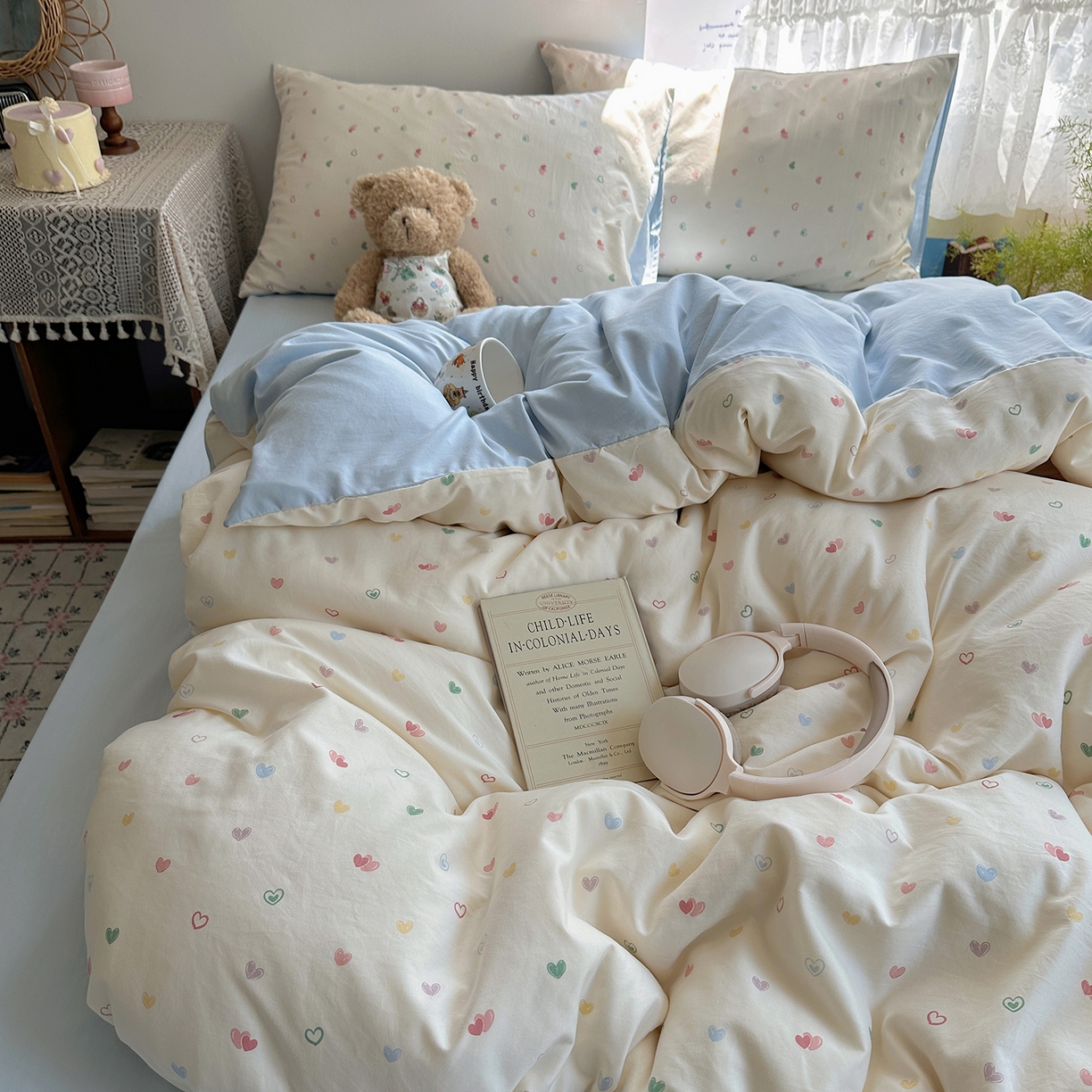 91家纺网 家纺一手货源 找家纺 沐芷 2025 开学季水洗棉四件套A类 卡通简约风超柔舒适三件套 爱情手礼