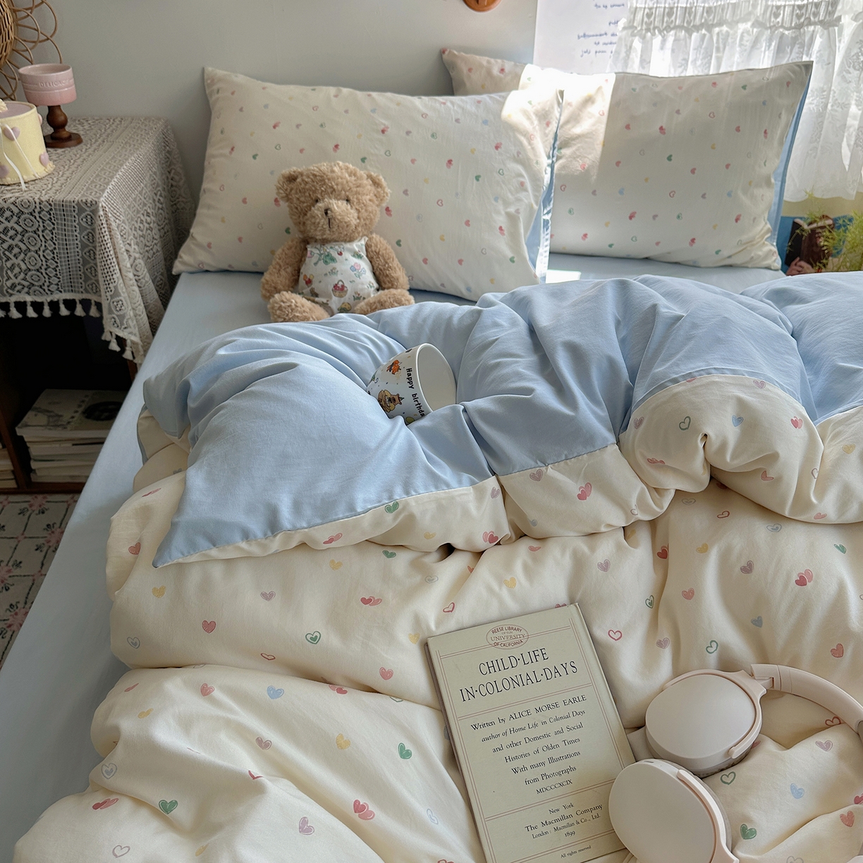 91家纺网 家纺一手货源 找家纺 沐芷 2025 开学季水洗棉四件套A类 卡通简约风超柔舒适三件套 爱情手礼