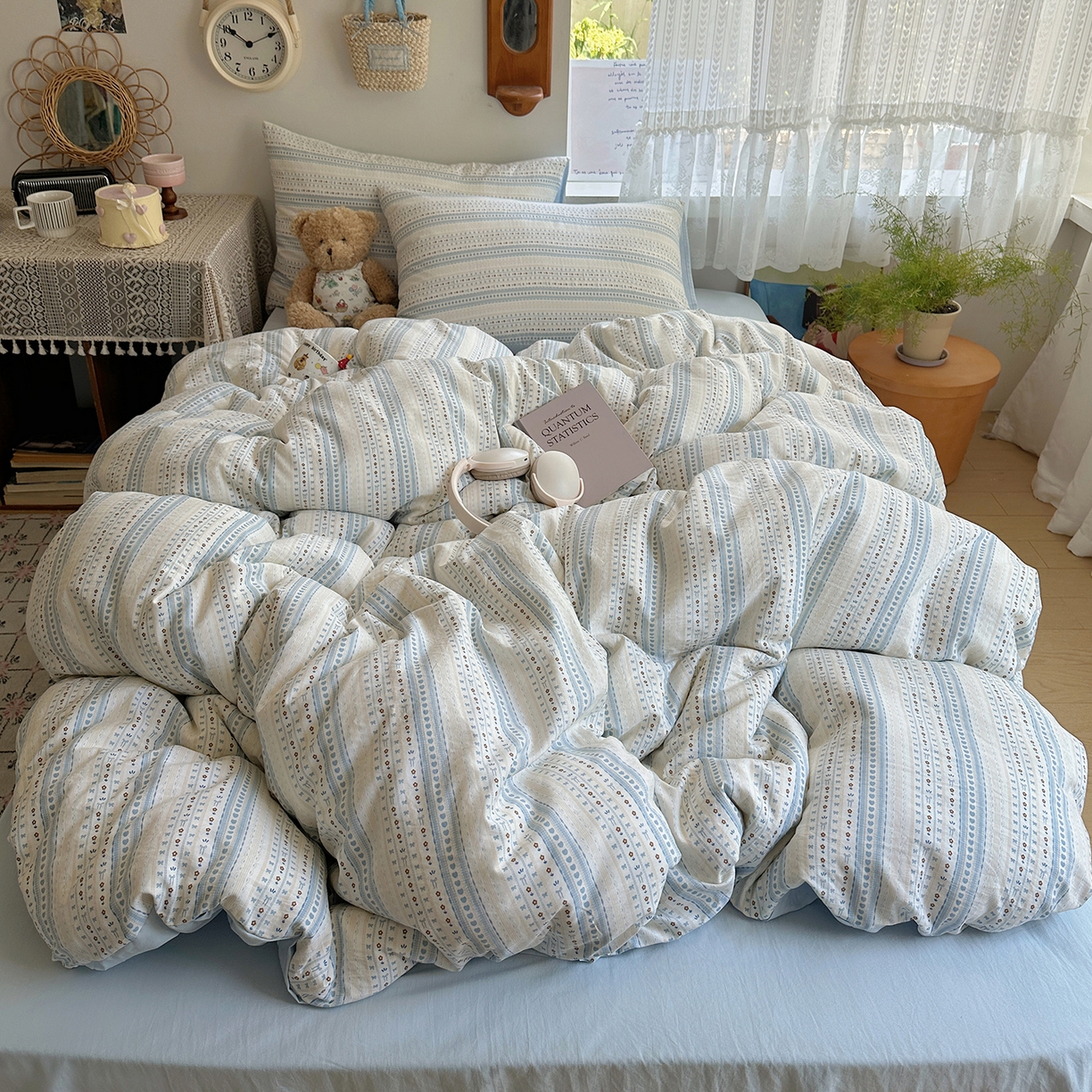 91家纺网 家纺一手货源 找家纺 沐芷 2025 开学季水洗棉四件套A类 卡通简约风超柔舒适三件套 海盐拿铁